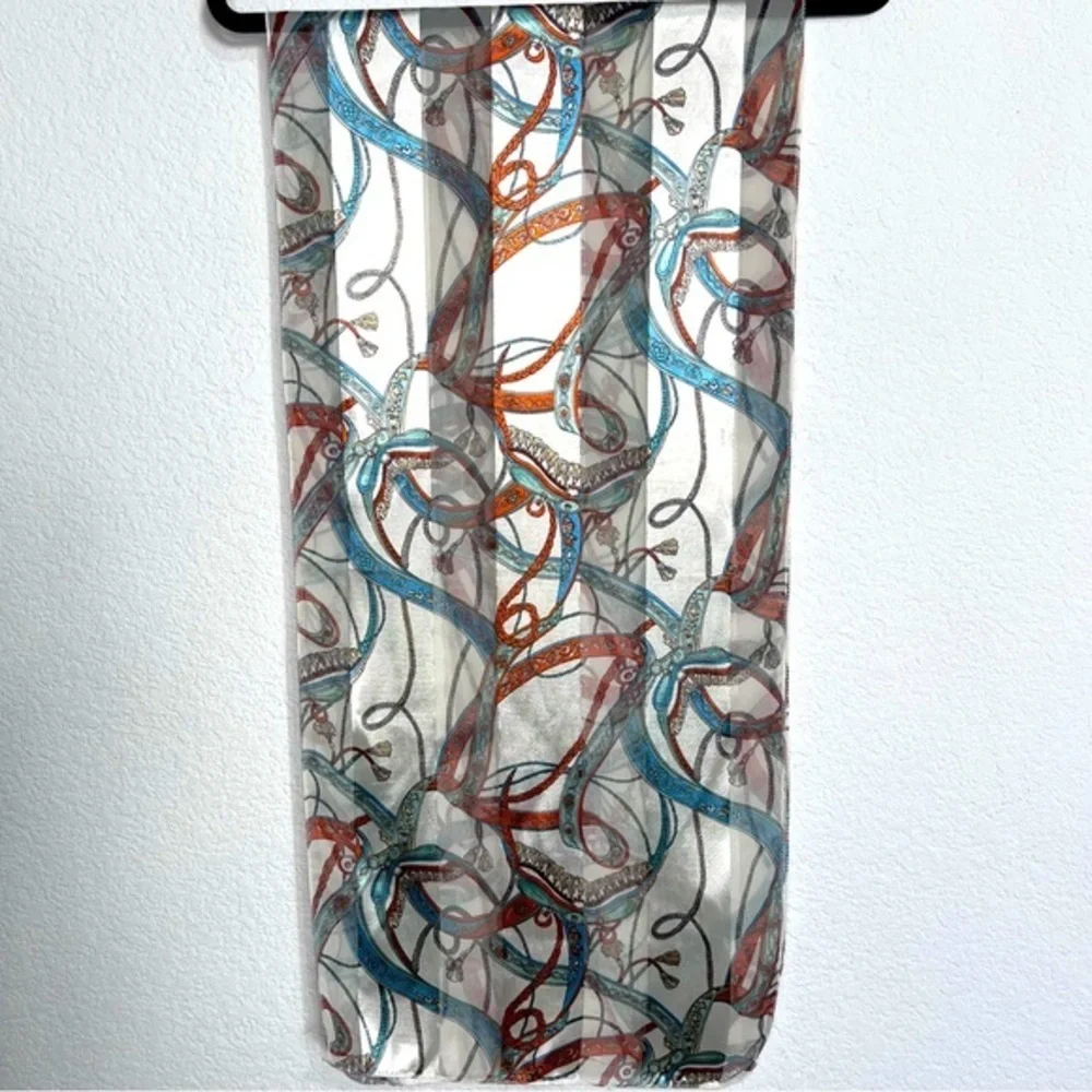 Satin & Sheer Ivory Rust & Blue Printed Scarf Ascot Hair Wrap